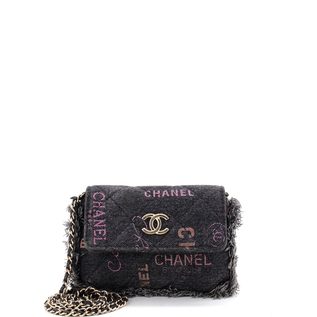 Chanel Denim Mood Flap Clutch with Chain Logo Printed Quilted Fringe Denim: Wider at 6 inches than the smaller cuts of the same clutch, this one takes a large phone without the flap straining. Logo-printed denim quilting and a fringed edge give it a summer register that leath