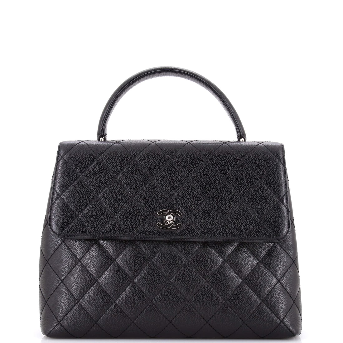 Chanel Vintage Classic Top Handle Flap Bag Quilted Caviar: The top handle version of the classic flap trades chain-only carry for a short 3 in grip, which changes how the bag is used day to day. This one measures 11.5 x 9 x 5 in, deep for a flap and held in s