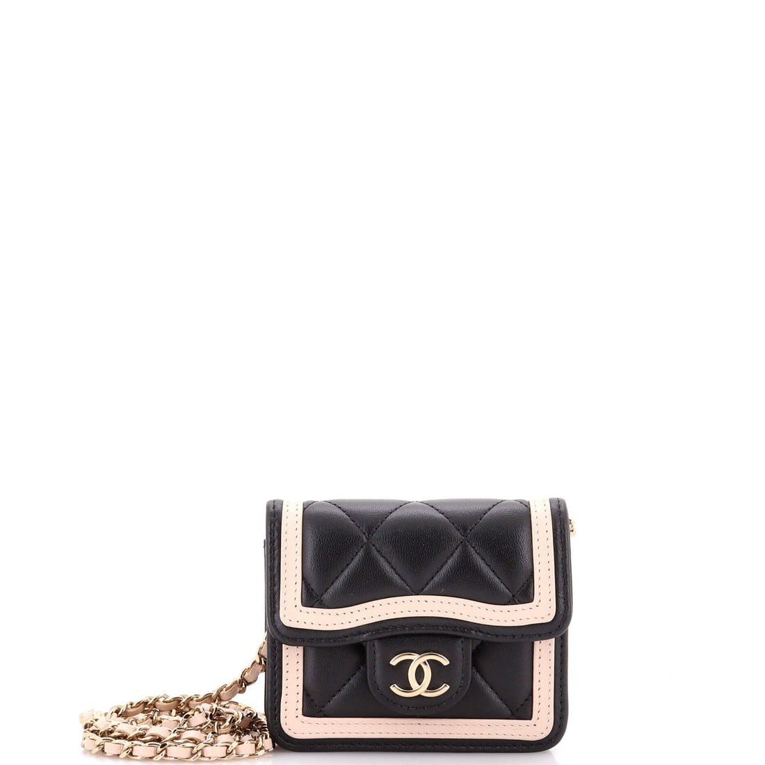 Chanel Strip On CC Flap Clutch with Chain Quilted Lambskin: Four inches wide and 3 high, this CC flap clutch is coin-purse scale, built for a card, a key and a lipstick. Quilted lambskin over a 1 inch depth keeps it flat against the body. Its chain lets it han