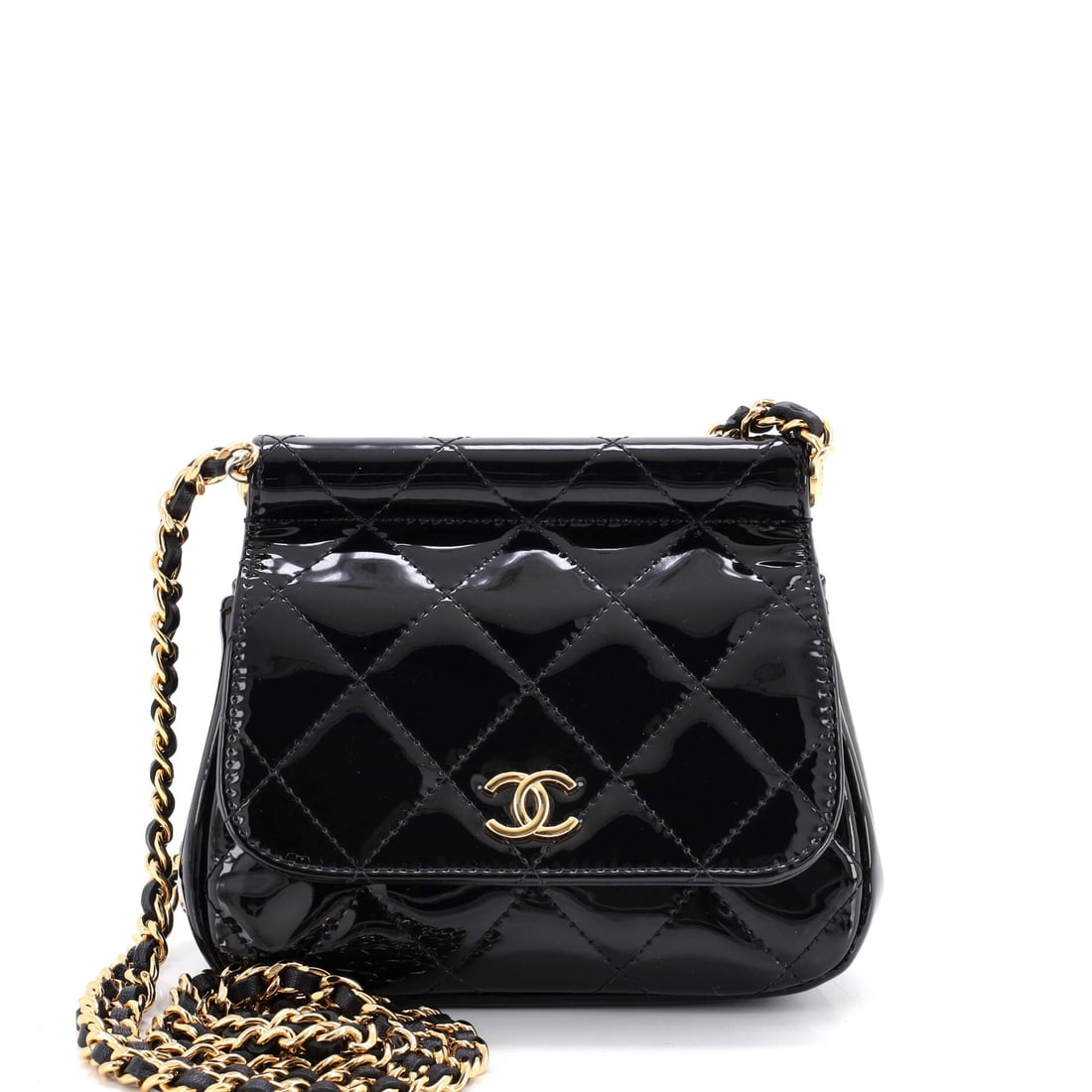 Chanel CC Frame Flap Clutch with Chain Quilted Patent: Quilted patent on a framed flap is an evening argument first, but the 6 by 5 inch body and 2 inches of depth carry enough for a full day out. The chain tucks in if you want the clutch silhouette and d