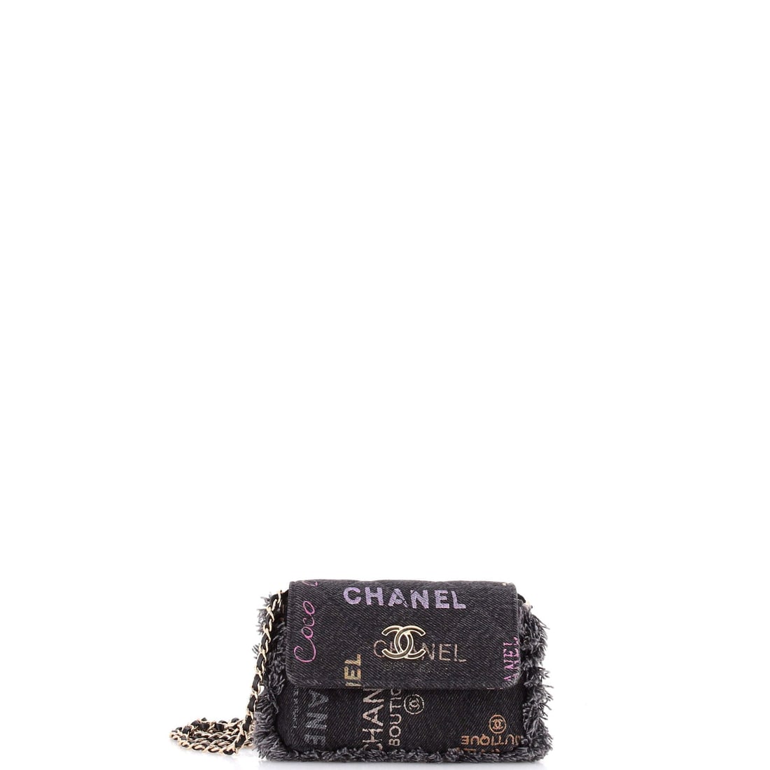 Chanel Denim Mood Flap Clutch with Chain Logo Printed Quilted Fringe Denim: Fringe, print and chain aside, the appeal of this clutch is how little it asks to carry, 5.5 by 4 inches with a 1 inch gusset. Denim keeps the weight negligible on a 20.5 inch chain, which matters ove