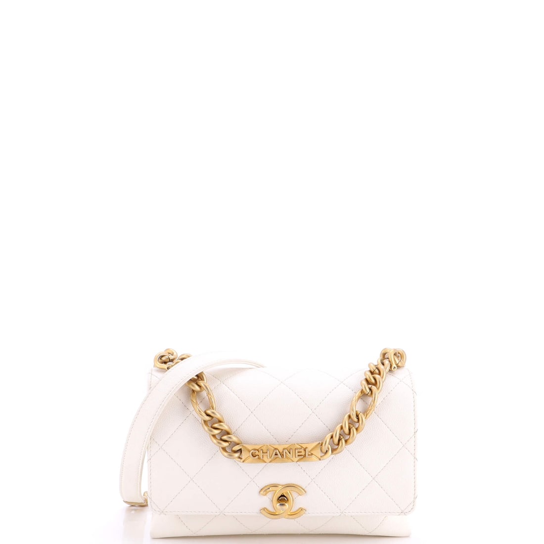 Chanel Bracelet On Chain Flap Bag Quilted Caviar: Held by the bracelet handle this quilted caviar flap becomes a hand-carried piece; on the chain it drops to the shoulder. The W 8 x H 5 x D 2.5 in body is small-flap scale with real depth behind the f
