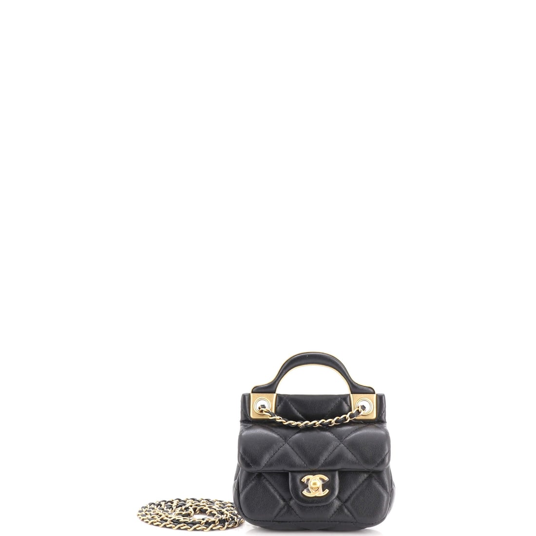 Chanel Lady Handle Flap Card Holder on Chain Quilted Calfskin: A top handle on something 4.5 inches wide is deliberately absurd, and it is exactly why this card holder has a following. The chain does the work at a 20 inch drop, sitting the flap high on the hip. G