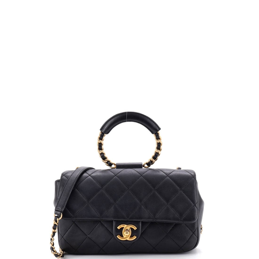 Chanel In The Loop Flap Bag Quilted Lambskin: The In The Loop name comes from the oversized link hardware, and on this quilted lambskin flap that loop detail carries the front. Nine and a half inches wide and 6 high on a 3 inch base, it holds a d