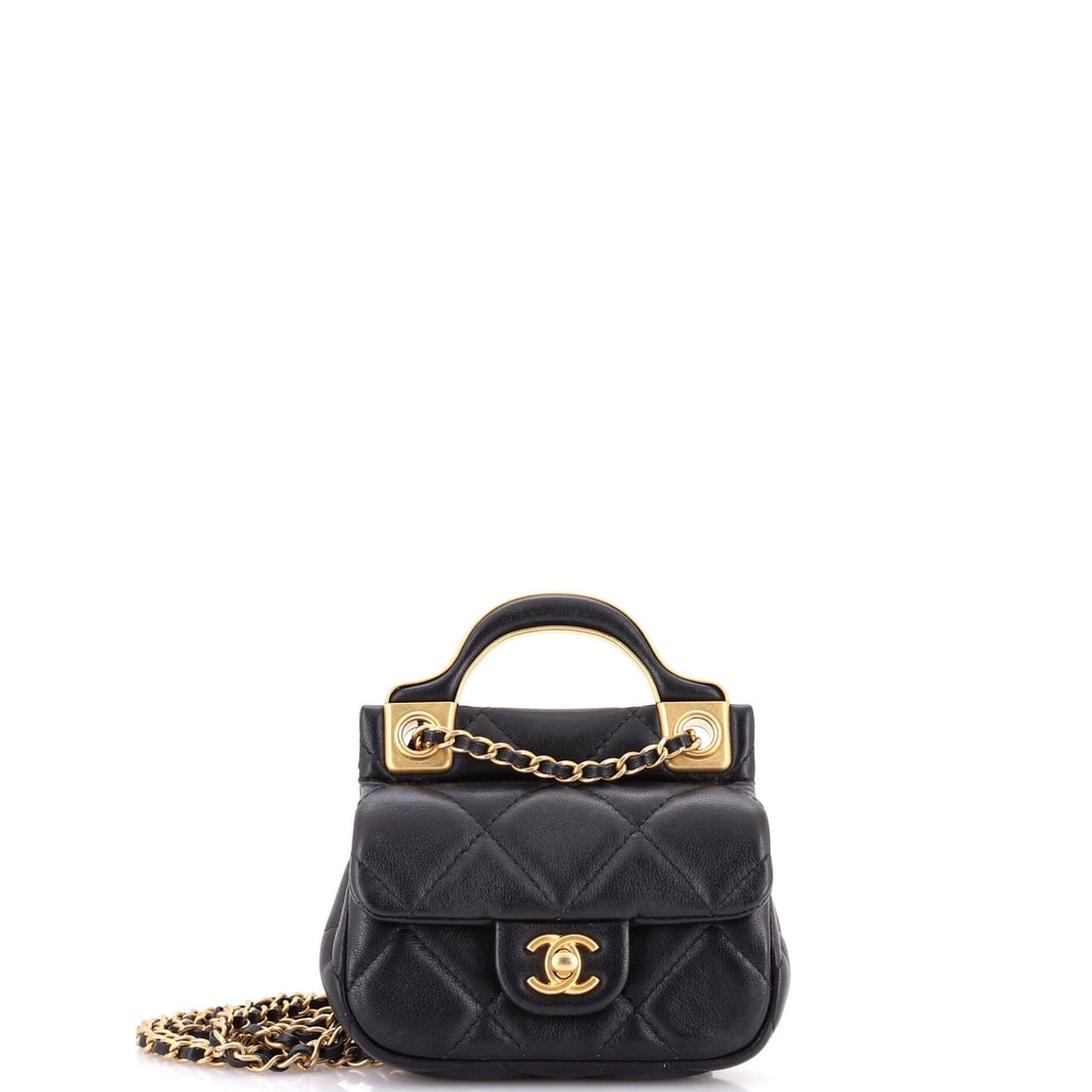 Chanel Lady Handle Flap Card Holder on Chain Quilted Calfskin: Worn crossbody on its 20 inch chain, this quilted calfskin card holder measures 4.5 by 4 inches and just an inch deep: phone, cards, lipstick, done. The handle adds a formal note to a piece that is ot