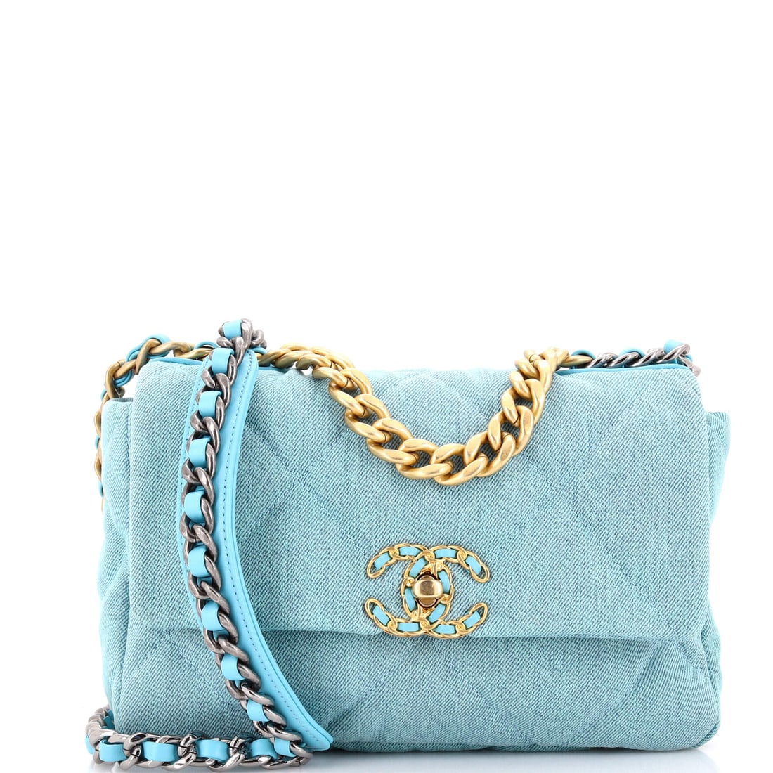 Chanel 19 Flap Bag Quilted Denim: Washed denim quilting suits a bag meant to slouch, and the 19's unstructured body does exactly that at 10 by 6 inches. Grade C - Very Good, honest for a bag used as intended. The 3.5 inch depth carrie