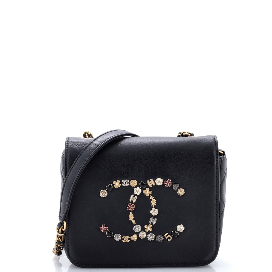 Chanel Giant Crystal CC Flap Bag Lambskin: Seven inches across gives the crystal CC a little more lambskin to sit against than the smaller cut of this flap, with 5 inches of height over a 2-inch depth. The clasp is the reason to bid; the bag i
