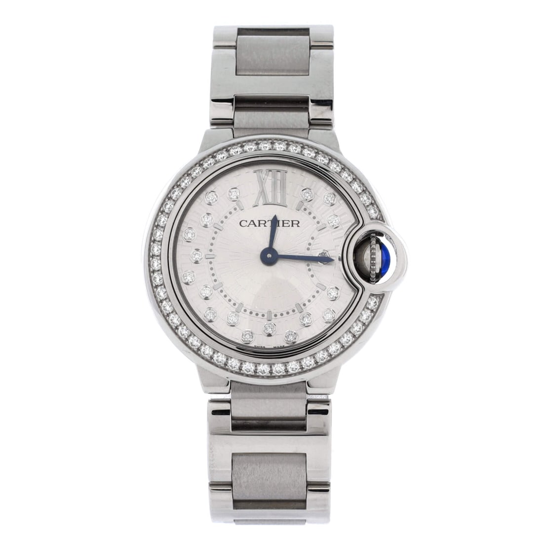 Cartier Ballon Bleu de Cartier Quartz Watch Stainless Steel with Diamond Bezel and Markers: Diamonds appear twice on this one, around the bezel and again as hour markers, which brightens the 28mm dial considerably. Fitted to a 5.75 inch wrist on a 14mm bracelet, it is the most compact config