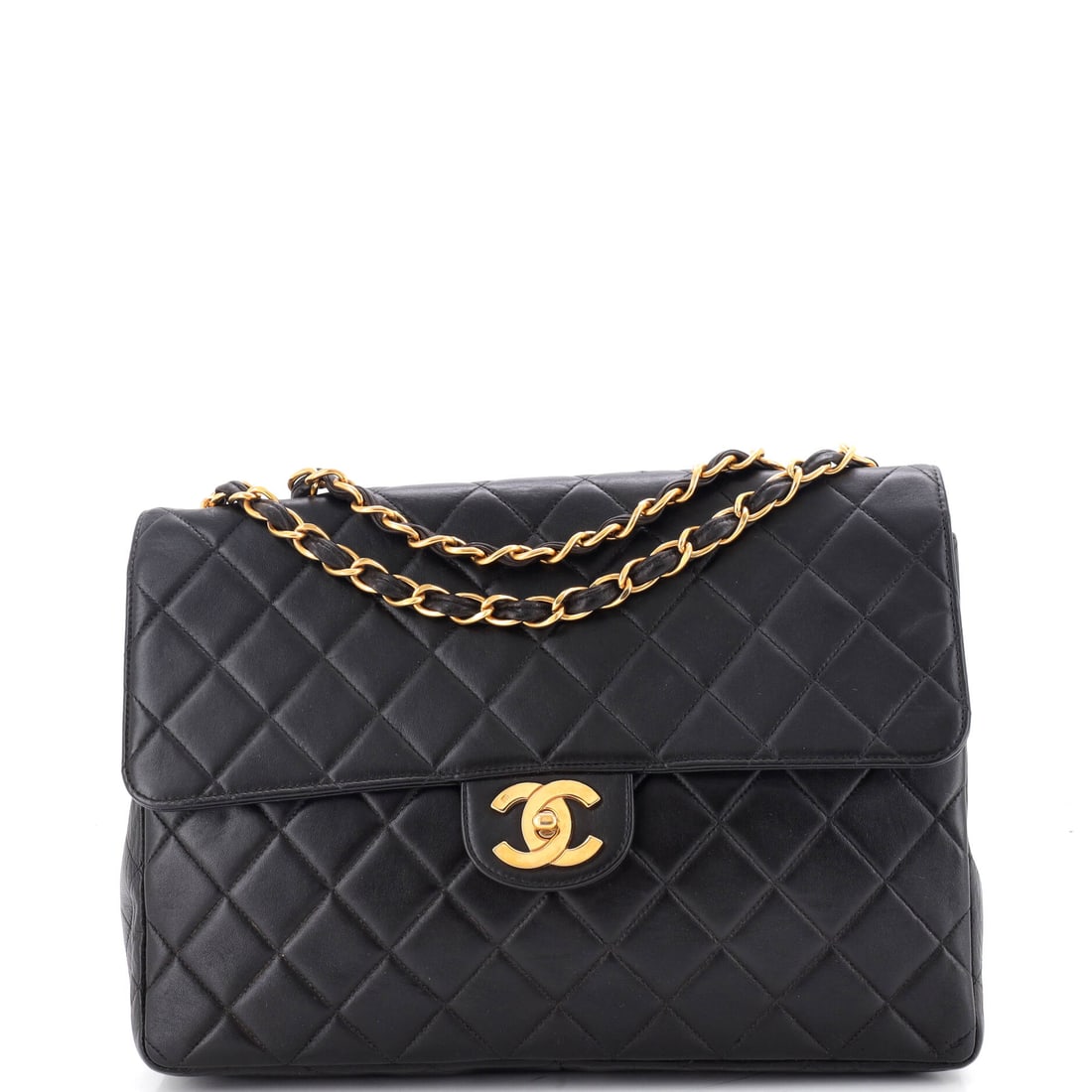 Chanel Vintage Classic Single Flap Bag Quilted Lambskin: Lambskin at this scale - 12 x 8.5 x 4 in - gives a flap that yields and drapes rather than standing to attention, and plenty of buyers prefer exactly that. The chain runs 24 in for crossbody length, h