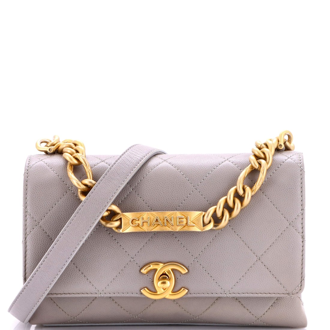 Chanel Bracelet On Chain Flap Bag Quilted Caviar: A bangle-style handle sits above the chain on this small quilted caviar flap, giving it more in common with jewelry than with luggage. At 8 inches wide and 2.5 deep it holds a day's essentials without