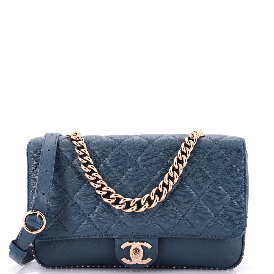 Chanel Chain Handle CC Flap Bag Quilted Caviar with Studded Detail: Studding punctuates the quilted caviar here, adding a hardware rhythm to a shape that usually leaves the CC turnlock to work alone. Caviar's pebbled grain is the practical choice for daily rotation, a