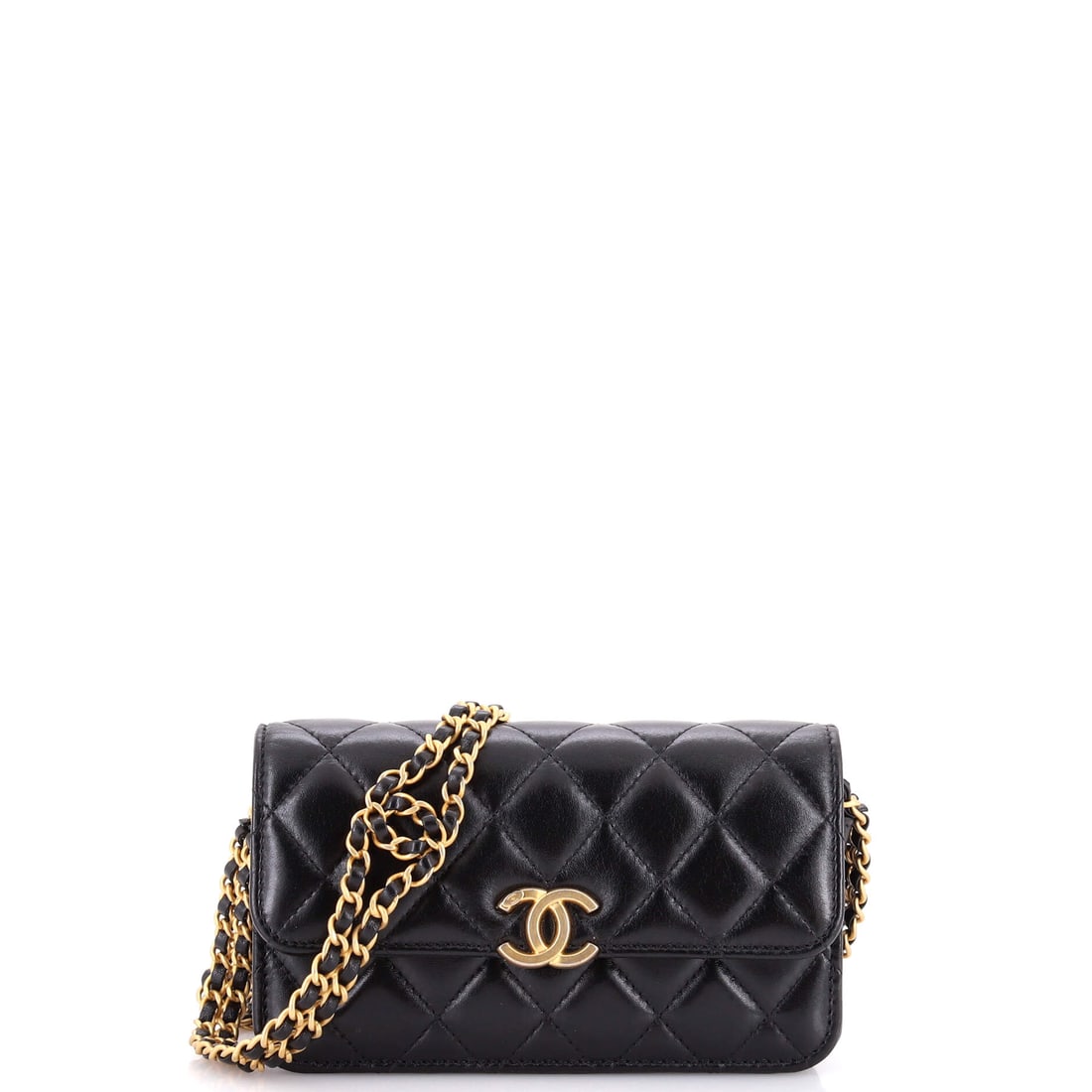 Chanel CC Woven Flap Phone Holder with Chain Quilted Shiny Lambskin: Woven detailing through the chain gives this phone holder a softer line where the metal meets the shoulder. Shiny lambskin over a 6.5 by 4 inch body puts it in landscape rather than upright format, an
