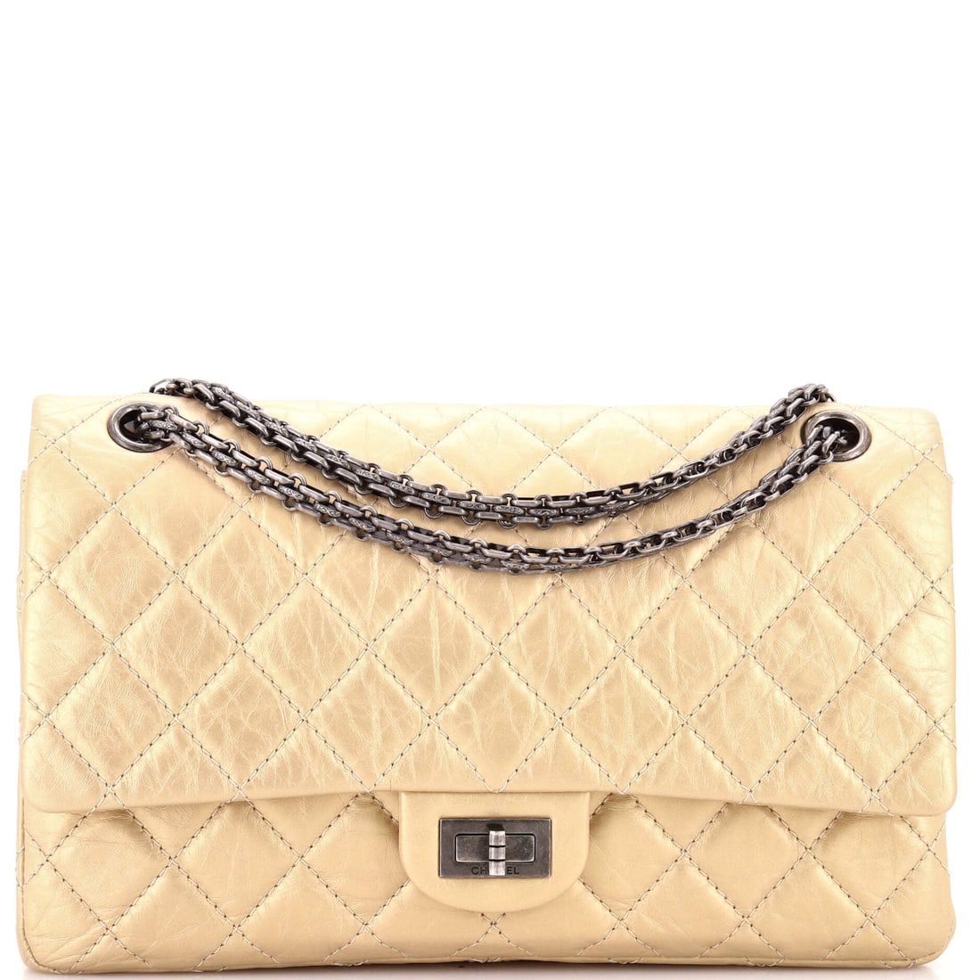 Chanel Reissue 2.55 Flap Bag Quilted Aged Calfskin: A 10.5 in span of quilted aged calfskin gives this Reissue real presence on the shoulder, and the 3.5 in depth keeps it useful rather than decorative. The chain's 19.5 in reach clears a winter coat co