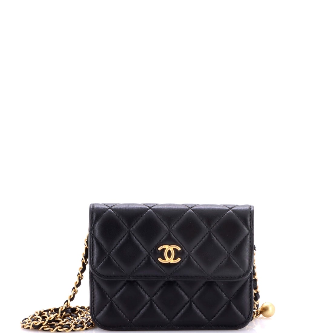 Chanel Pearl Crush Flap Clutch with Chain Quilted Lambskin: A clutch that keeps its chain works held in the hand or dropped over the shoulder, which is the useful part of this format. Five by 3.5 by one inch is phone-and-cardholder scale, no more. The pearl-se