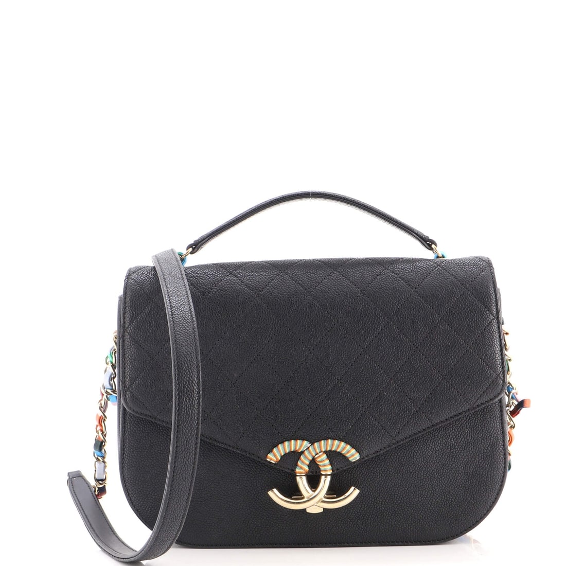 Chanel Thread Around Flap Bag Quilted Caviar: Quilted caviar on the Thread Around gives a flat 9.5 by 7 inch panel where the chain detail reads clearly across the front. Grade C - Very Good, with wear to the leather in places. Depth of 2 inches p