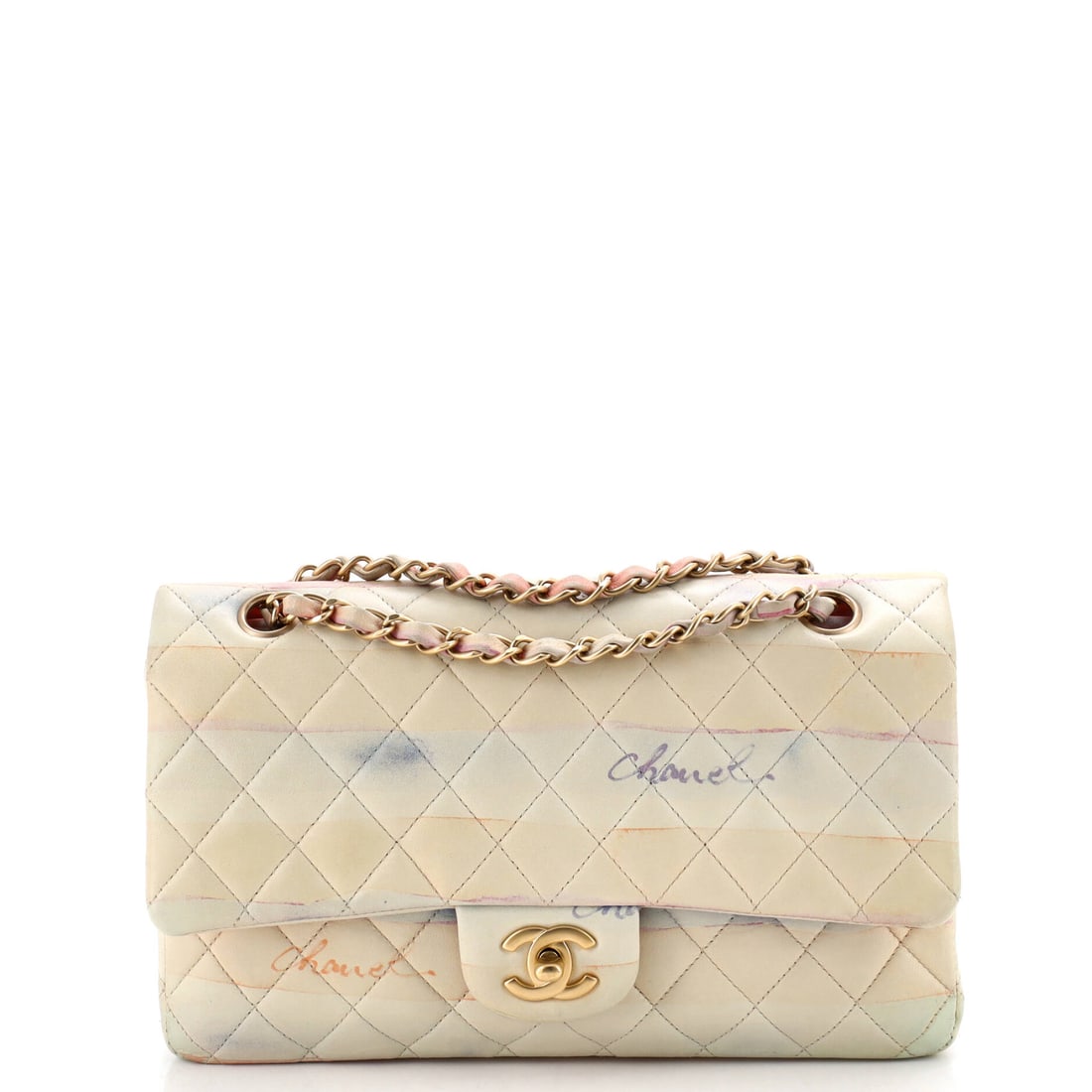 Chanel Classic Double Flap Bag Watercolor Print Quilted Lambskin: Watercolor printing over quilted lambskin gives this double flap a painterly surface unlike the single-tone panels the line usually runs. Lambskin at W 10 x H 6 x D 3 in stays supple, so the bag settl