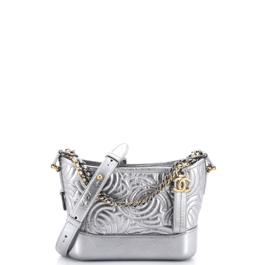 Chanel Gabrielle Hobo CC Stitched Calfskin: Calfskin stitched with the CC motif gives this Gabrielle Hobo its surface interest without applied hardware on the body. The structured lower half and soft upper half let it stand on a shelf and slump
