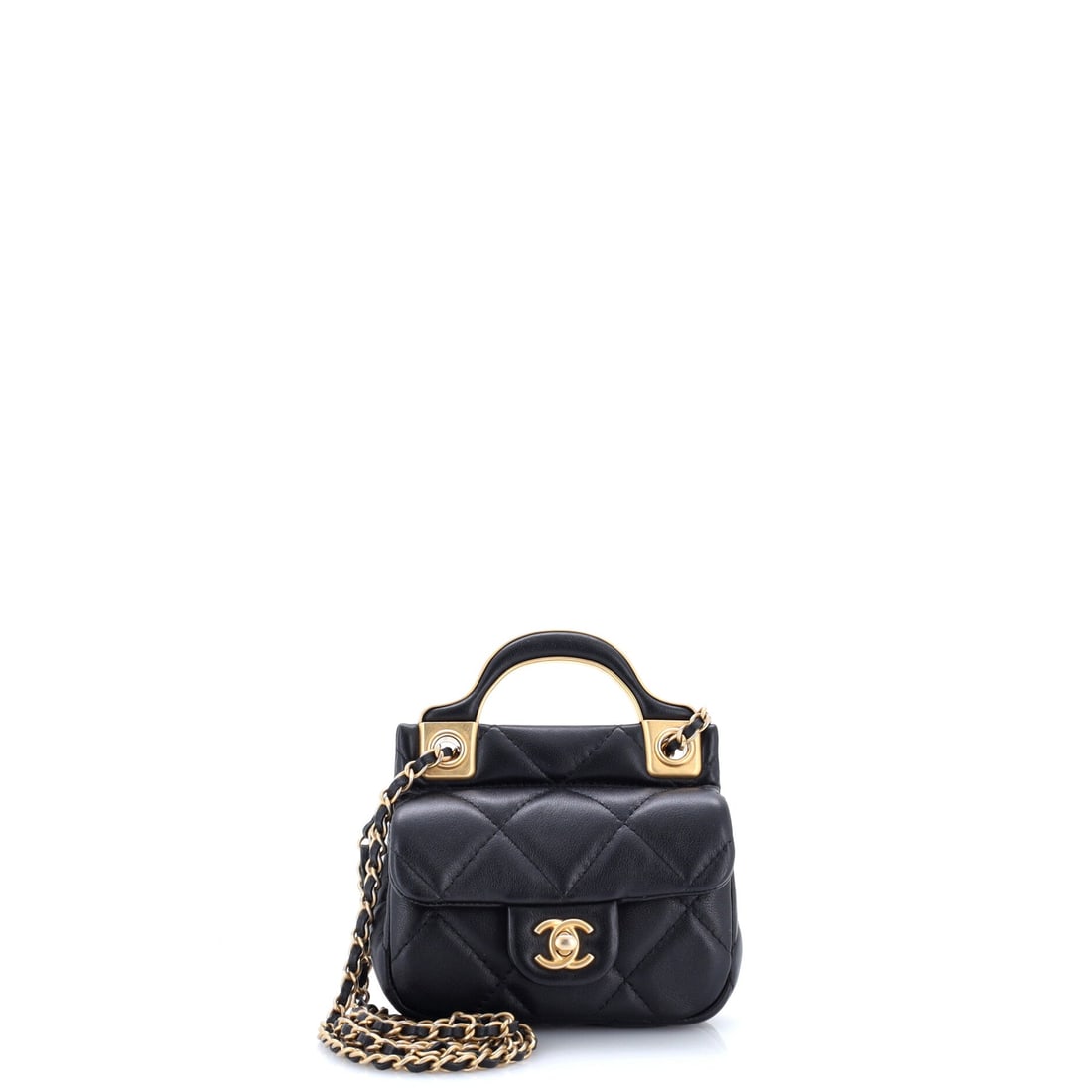 Chanel Lady Handle Flap Card Holder on Chain Quilted Calfskin: Four inches square, an inch deep, on a 20 inch chain, this is the compact end of the Lady Handle range and noticeably neater than the 4.5 inch cut. Quilted calfskin holds the flap flat and the little 