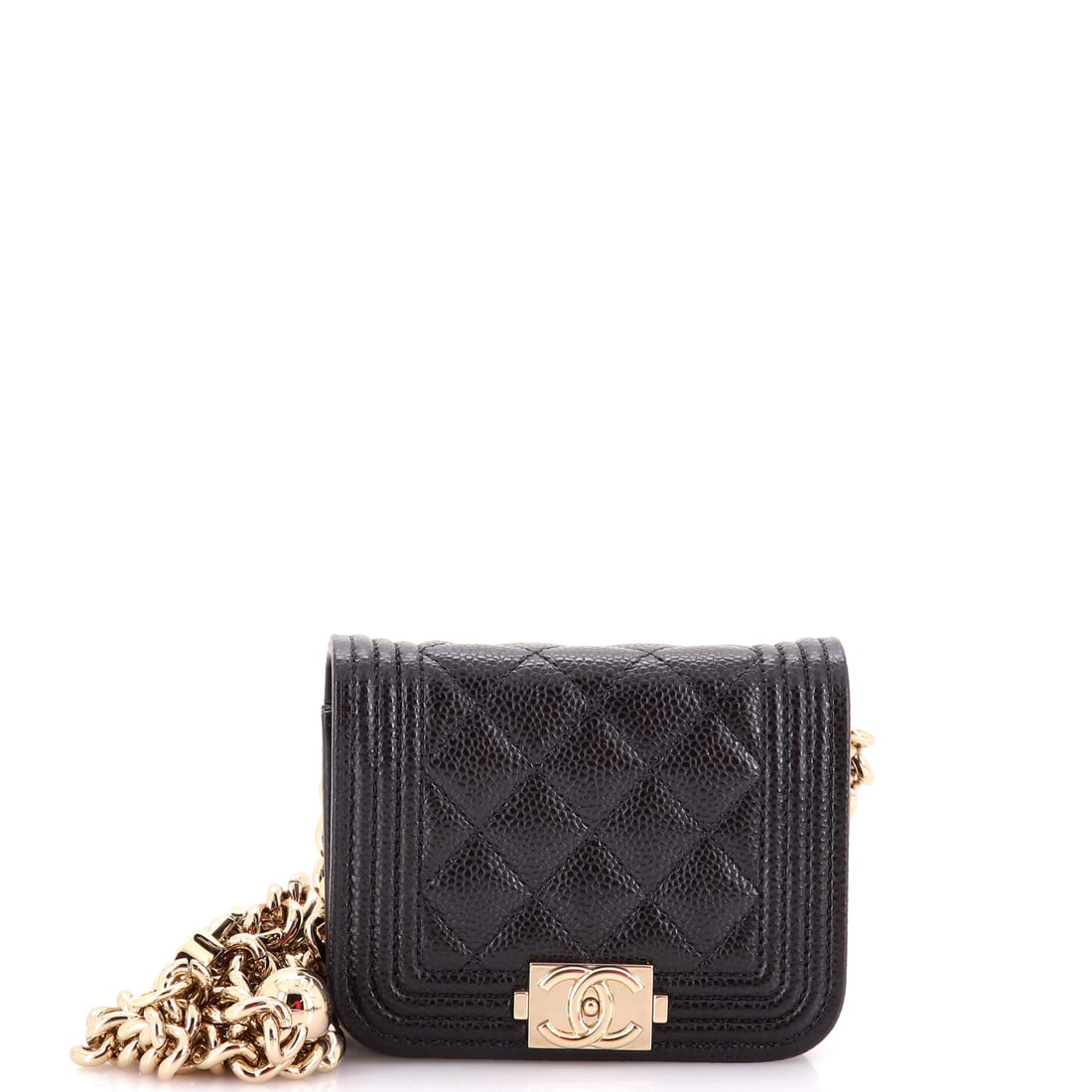 Chanel Boy Flap Chain Belt Bag Quilted Caviar: A belt-bag reduction of the Boy, this one keeps the push-lock and the quilted caviar at W 4 x H 3 x D 1 in, worn at the waist on its chain. Grained caviar is the right call at this scale, since a smal