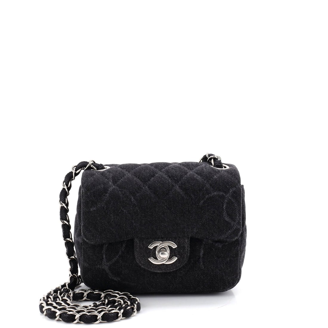 Chanel Square Classic Single Flap Bag Quilted CC Printed Denim: Printed CC denim on a square flap is a warm-weather proposition, and the quilting holds structure in a fabric that usually reads casual. It stays compact at 6 inches wide by 5 high, with a 3 inch base