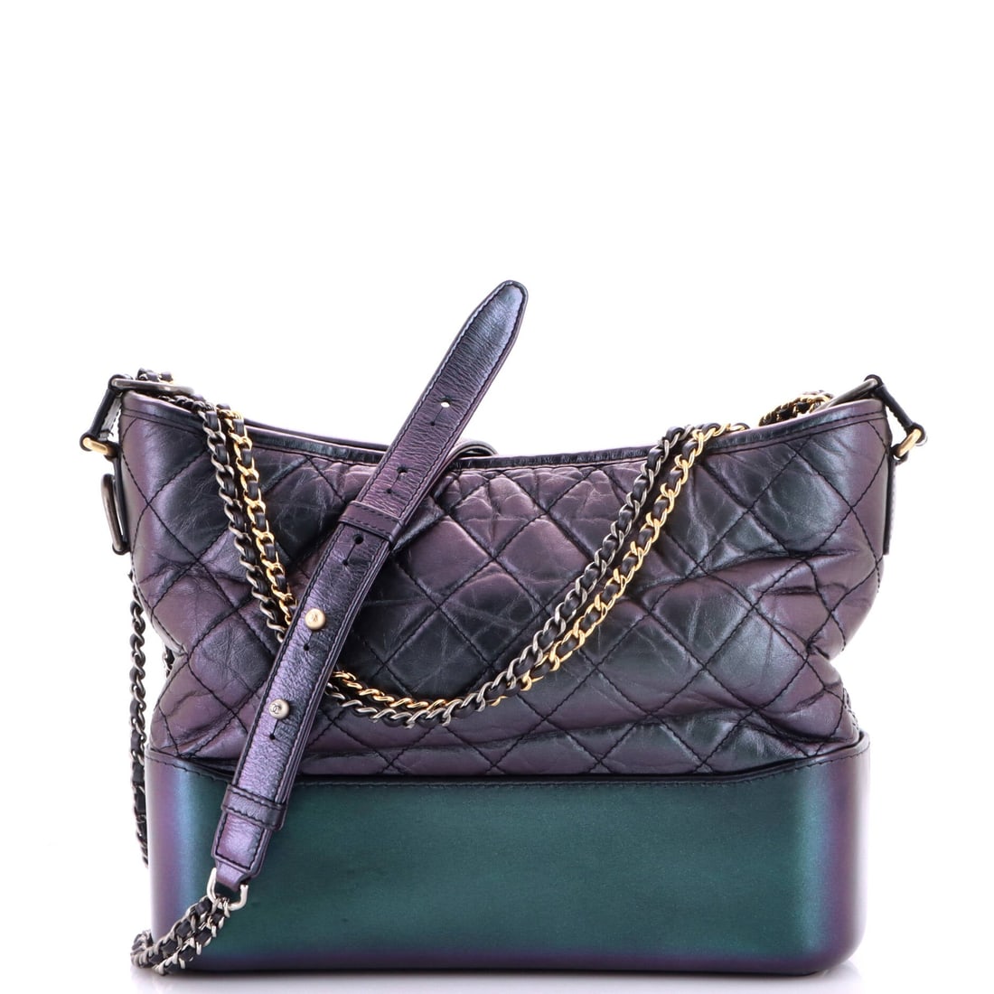 Chanel Gabrielle Hobo Quilted Aged Calfskin: Scaled up to 11 inches wide by 9 high with a 4-inch base, this is the large Gabrielle Hobo, and it behaves like a proper tote once the soft top is open. A 17-inch handle drop keeps it on the shoulder.