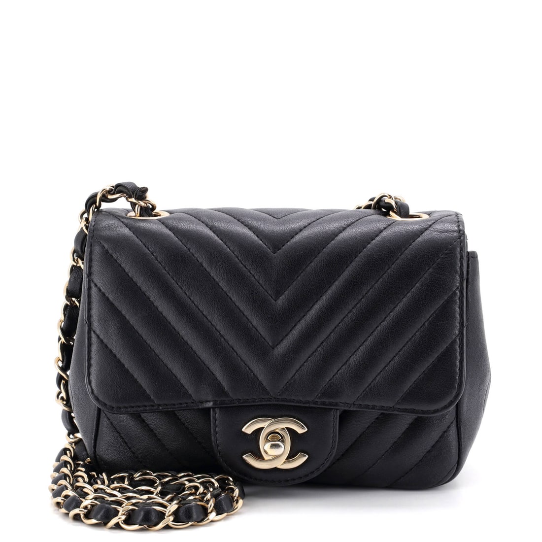 Chanel Square Classic Single Flap Bag Chevron Lambskin: Chanel's square flap in chevron lambskin trades the diamond grid for angled seams, a subtler read at 6.5 by 5 inches. Grade C - Very Good, with honest traces of handling. The 3 inch gusset is what mak
