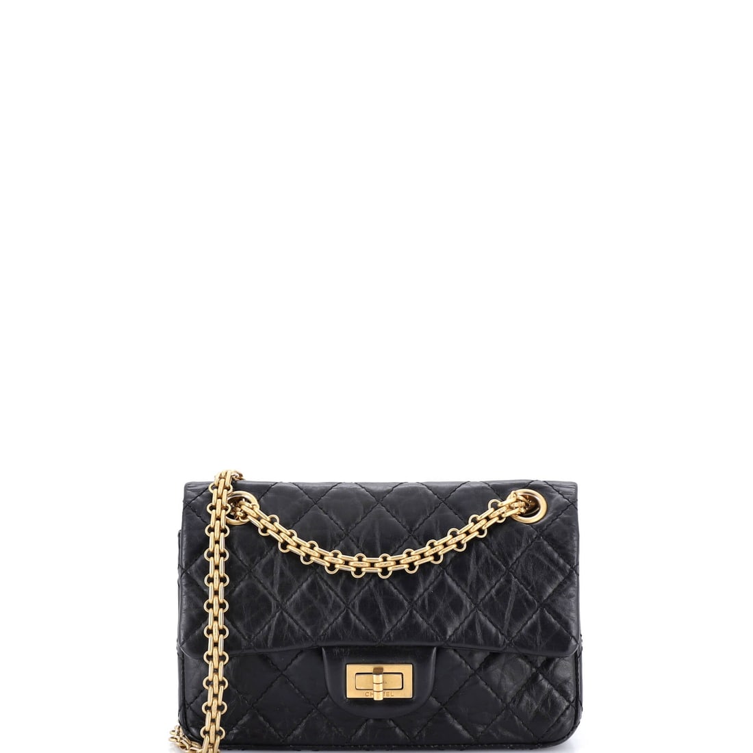 Chanel Reissue 2.55 Flap Bag Quilted Aged Calfskin: At 7.5 in wide, this is the Reissue for someone who wants the woven chain and turn-lock without the bulk, and the 11 in drop settles it on the shoulder. Aged calfskin carries the quilting in tight row