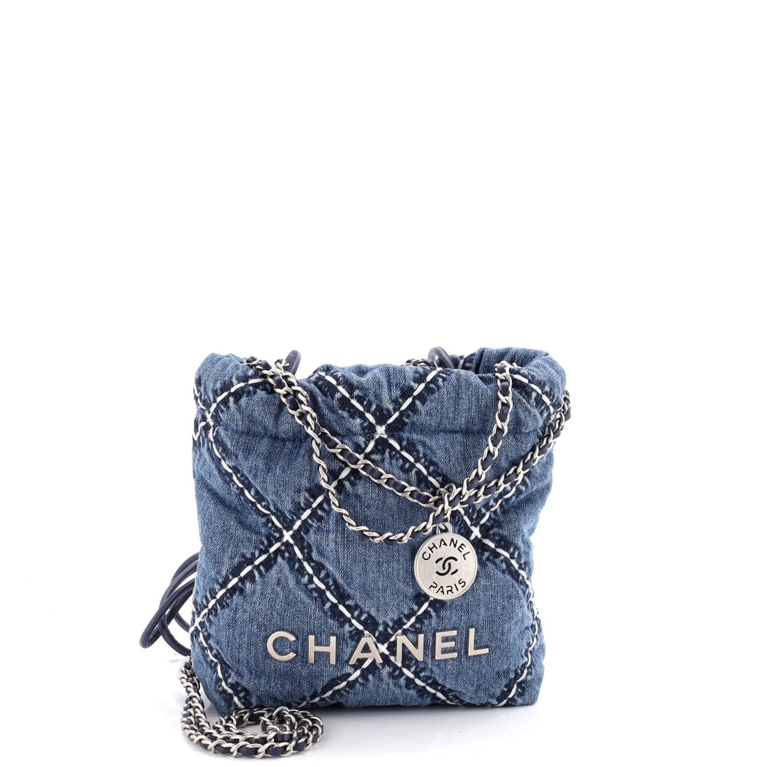 Chanel 22 Chain Hobo Quilted Stitched Denim: Topstitching is the whole texture story here, tracking the 22's quilt lines across a denim body that softens with handling. At 6.5 by 7.5 inches with a 2.5 inch depth, this is the small end of the ran