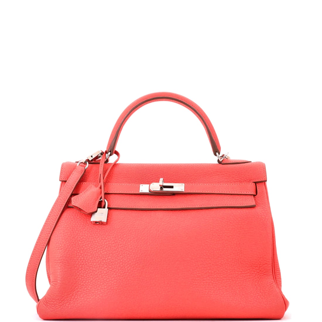 Hermes Kelly Handbag Pink Clemence with Palladium Hardware: At 12.5 x 9 x 4 in this is the Kelly at working size, taking a tablet, a folder and a full day's contents, and Clemence's grain gives it a softer set than the rigid leathers. Palladium hardware keeps 