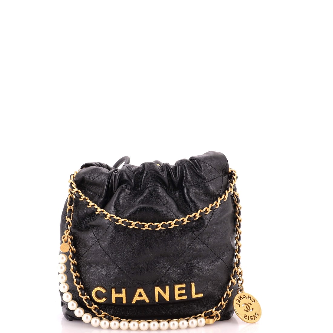 Chanel 22 Chain Hobo Quilted Calfskin with Pearl Chain: The pearl-chain 22 in quilted calfskin, here with a short 6.5 in strap drop that holds it high under the arm or in the hand. Body dimensions stay at 6.5 in wide, 7.5 in tall and 2.5 in deep. Rated Gra