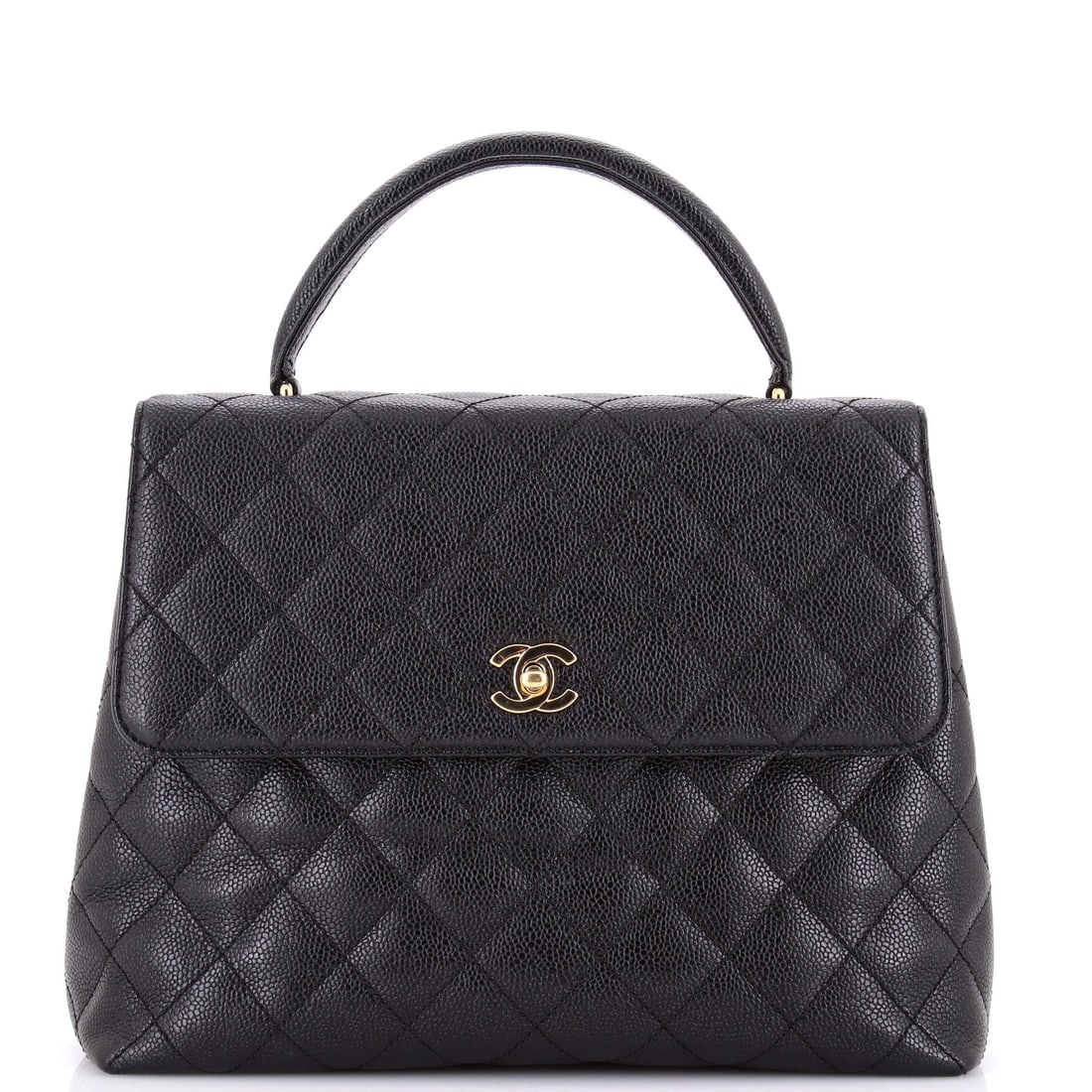 Chanel Vintage Classic Top Handle Flap Bag Quilted Caviar: Twelve inches across, with 9 of height and 5 of depth, this top handle flap has genuine day-bag volume. Carry it by the 3 in handle or drop the 19 in chain over a shoulder. Quilted caviar earns its ke