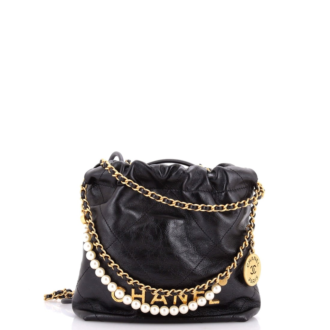 Chanel 22 Chain Hobo Quilted Calfskin with Pearl Chain: Twenty-three inches of pearl strap turns this small 22 into a crossbody worn long over the hip. The quilted calfskin body stays compact at 6.5 x 7.5 x 2.5 in, so the strap does most of the visual work