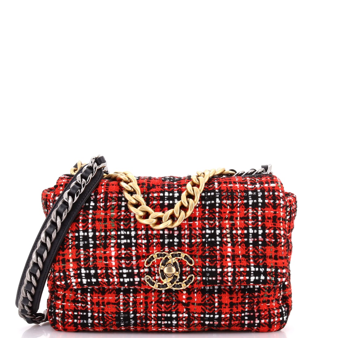 Chanel 19 Flap Bag Quilted Tweed: Smaller footprints flatter the 19's slouch, and at 9.5 by 6 by 3 inches this one keeps the exaggerated quilt scale on a body that stays neat against the hip. The tweed reads matte and textural beside 