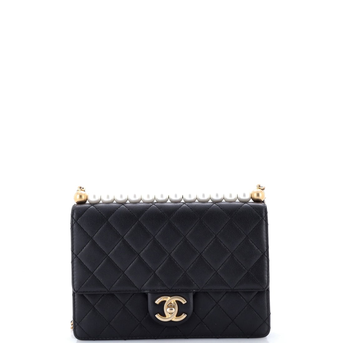 Chanel Chic Pearls Flap Bag Quilted Lambskin: The bead strap measures 23.5 inches, a long drop that lets the flap ride at the hip. Quilted lambskin gives the 8.5 by 6 inch body a pillowy face against hard acrylic. Depth is only 2 inches, so plan 