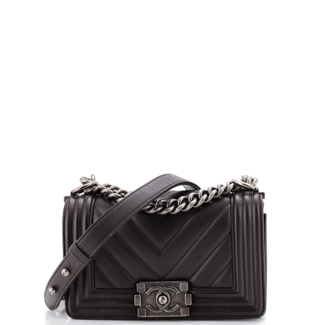 Chanel Boy Flap Bag Chevron Calfskin: Wear shows honestly on this chevron calfskin Boy, and the grade reflects it at Grade C - Very Good. The 8 by 5 inch body with 3 inches of depth still holds its shape, which is the advantage of the Boy