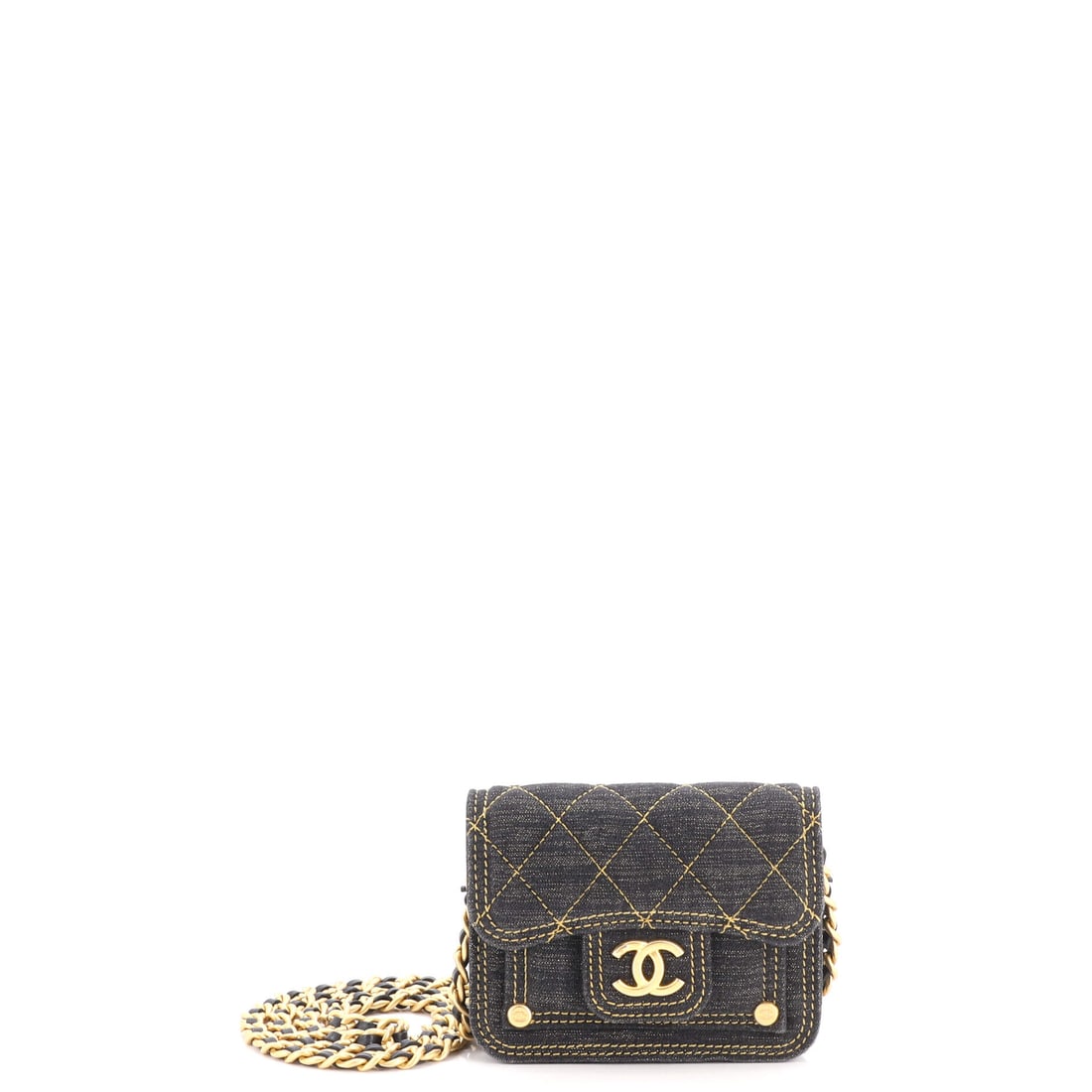 Chanel Double You CC Flap Clutch with Chain Quilted Denim: Five inches wide by 3.5 high and a single inch deep, this is a minimum-carry clutch of cards, a key and a lipstick, with a chain to take it off the hand. Quilted denim keeps the register casual, and t