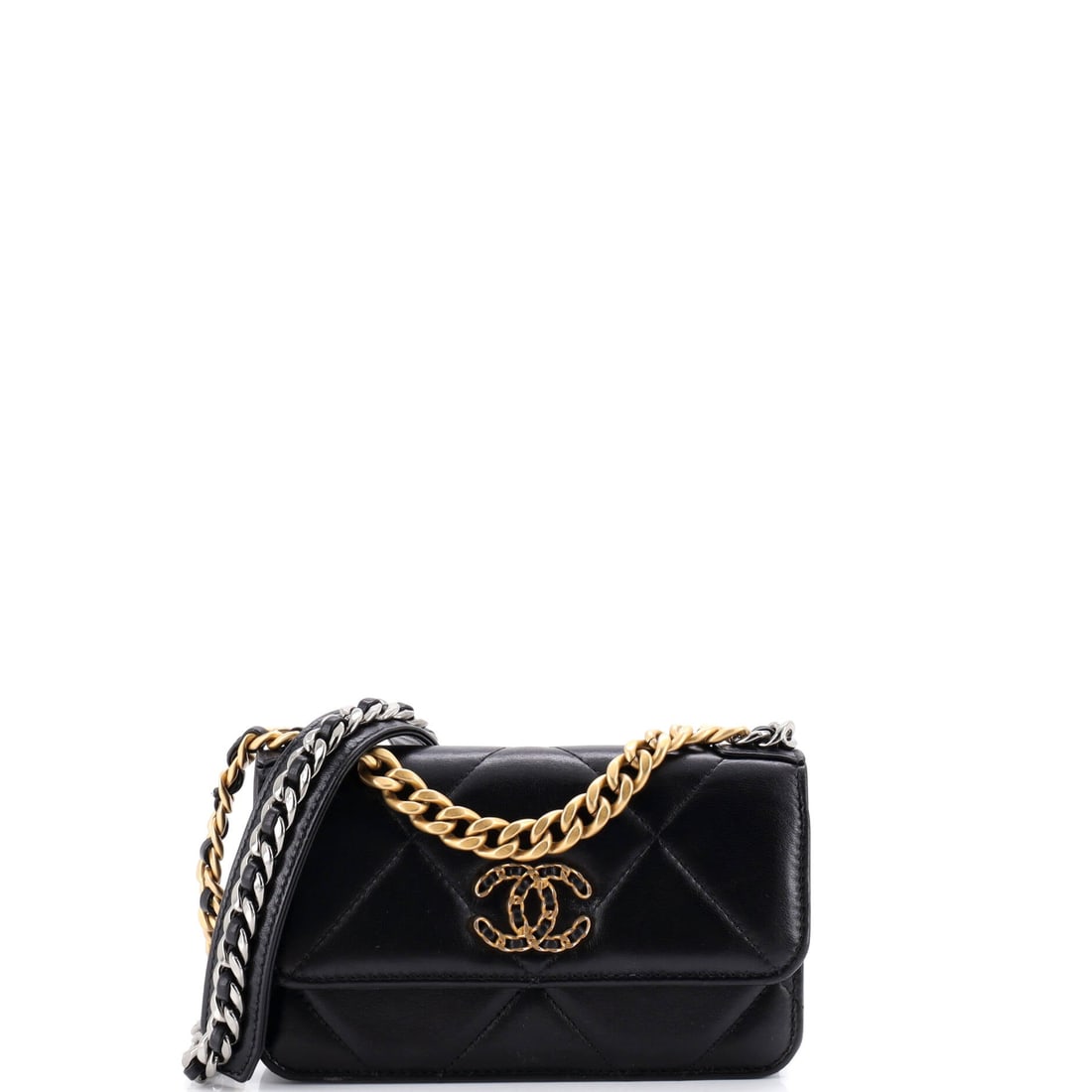Chanel 19 Flap Phone Holder with Chain Quilted Lambskin: Eight inches across is the generous end of this format, wide enough for a larger handset and a flat cardholder together, on a 4 in height and 1.5 in depth. The flap and turnlock are scaled straight do