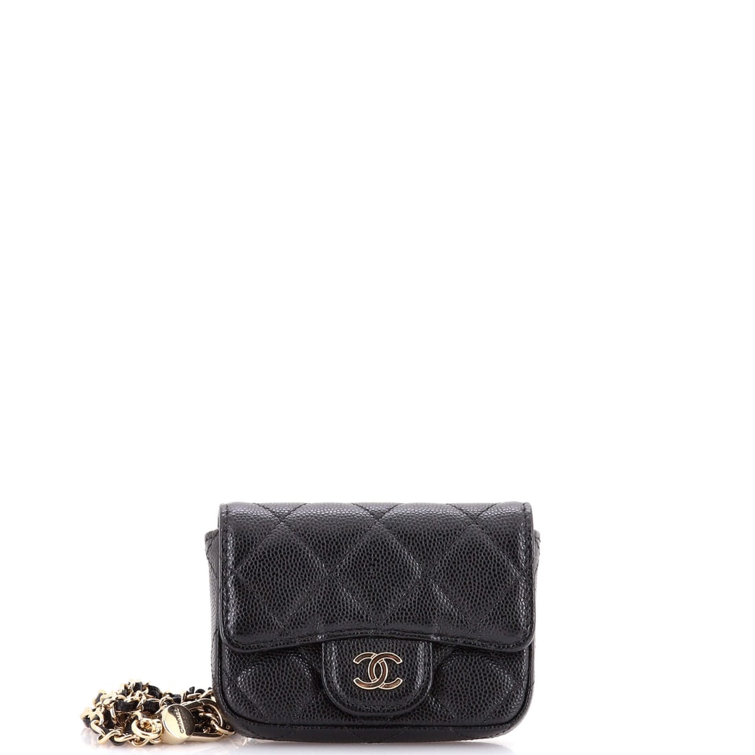Chanel Classic Flap Chain Belt Bag Quilted Caviar: Chain belt bags trade capacity for freedom, and this quilted caviar example makes the trade cleanly at W 4 x H 3 x D 1 in. The 13.5 in drop sets the pouch high on the frame, so it moves with the weare