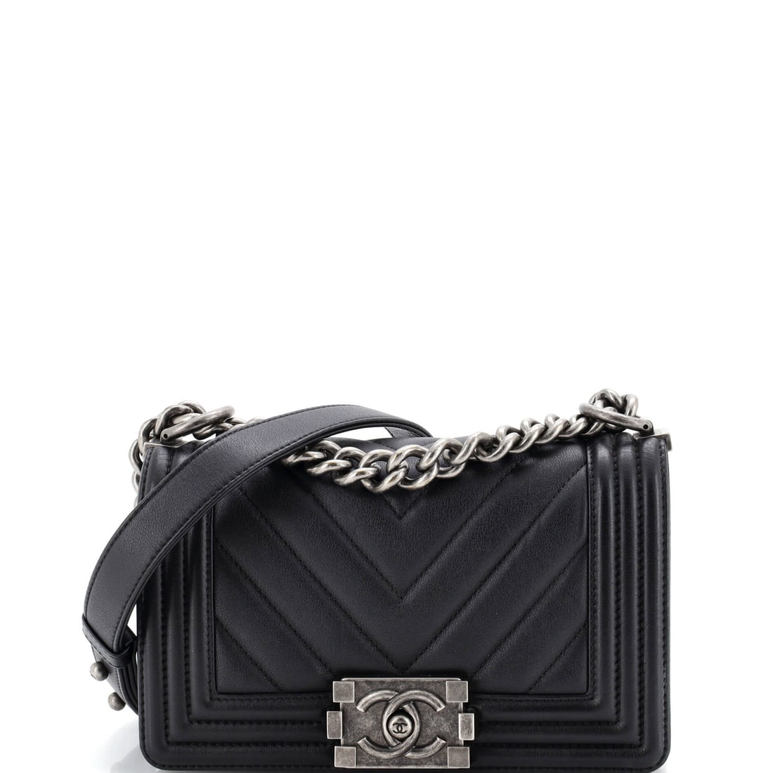 Chanel Boy Flap Bag Chevron Calfskin: Day-to-evening range is the practical case for a Boy at this size, small enough to read dressed up at night and structured enough to work by daylight. Chevron calfskin across an 8 by 5 inch face, 3 in