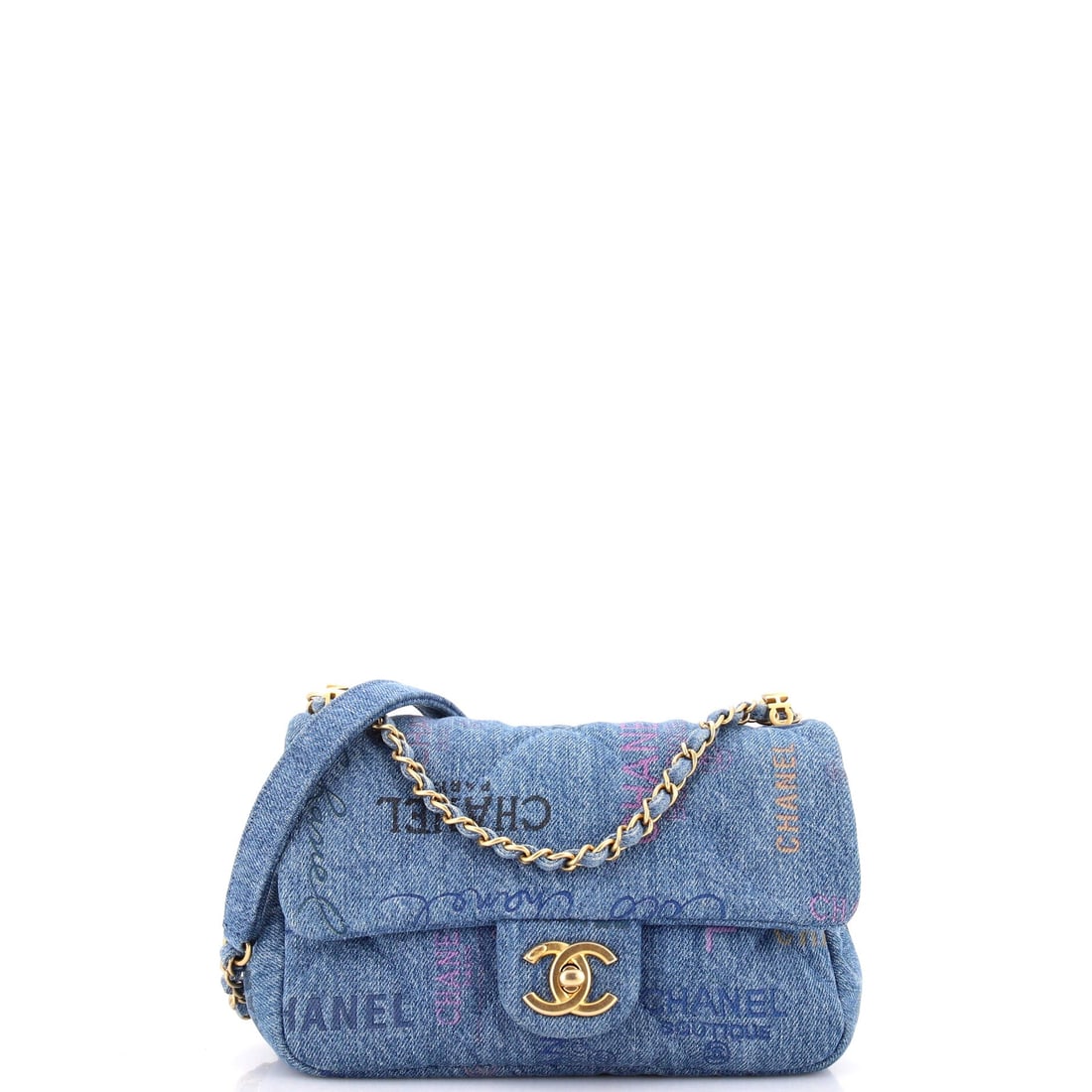 Chanel Denim Mood Flap Bag Logo Printed Quilted Denim: Denim Mood works because the quilting reads differently in cotton than in leather, flatter and more graphic beneath the printed logos. This one measures 8 inches wide by 5.5 high with 3 inches of dept