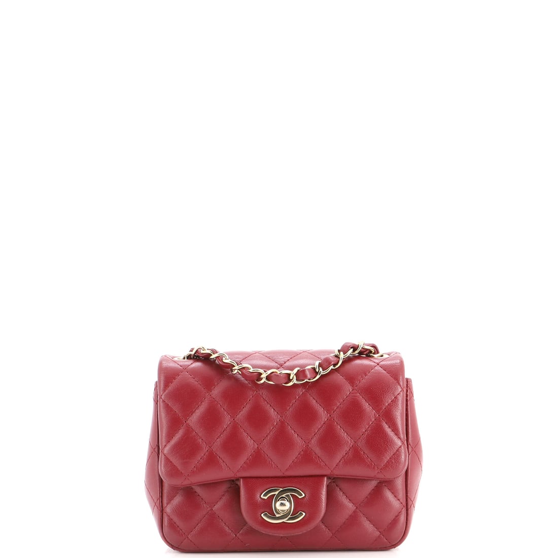 Chanel Square Classic Single Flap Bag Quilted Lambskin: Softness is the point with lambskin, and the quilt on this 6.5 inch square sits high and rounded. Grade C - Very Good, with visible signs of wear. A 3 inch base keeps contents from crowding. Between t