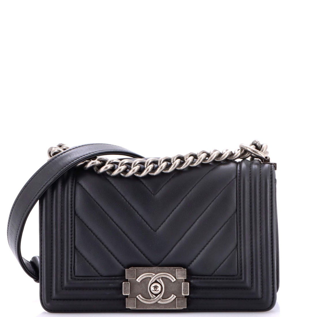 Chanel Boy Flap Bag Chevron Calfskin: Slightly narrower at 7.5 inches than most of the small Boys, this chevron calfskin flap reads a touch more compact against its 5 inch height while keeping the full 3 inch depth. Assessed at Grade C - 