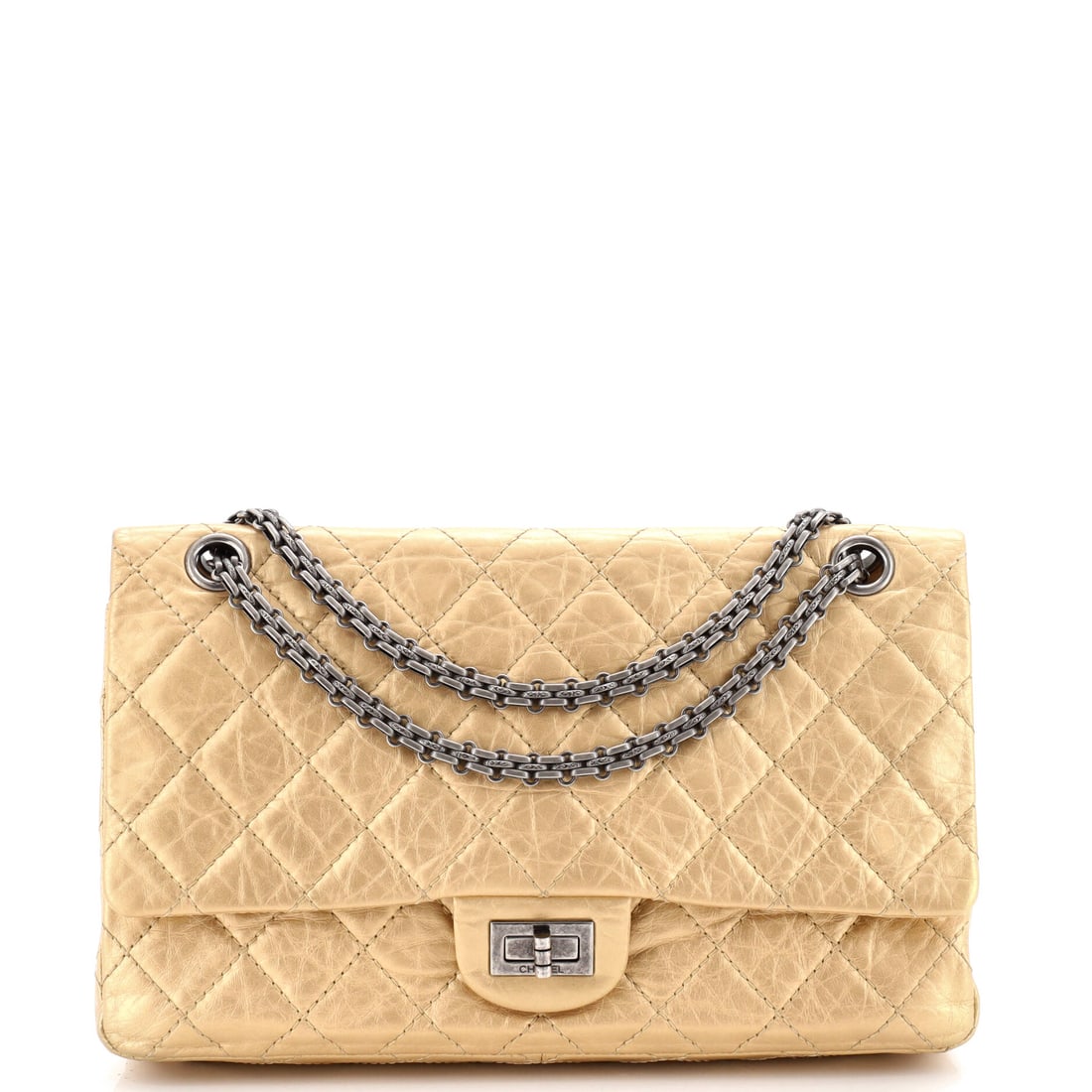 Chanel Reissue 2.55 Flap Bag Quilted Aged Calfskin: Wide-body Reissues like this one, 11 in across and 7 in tall, hold their rectangular shape better than the small sizes because the quilted panels have somewhere to go. Aged calfskin means the surface 