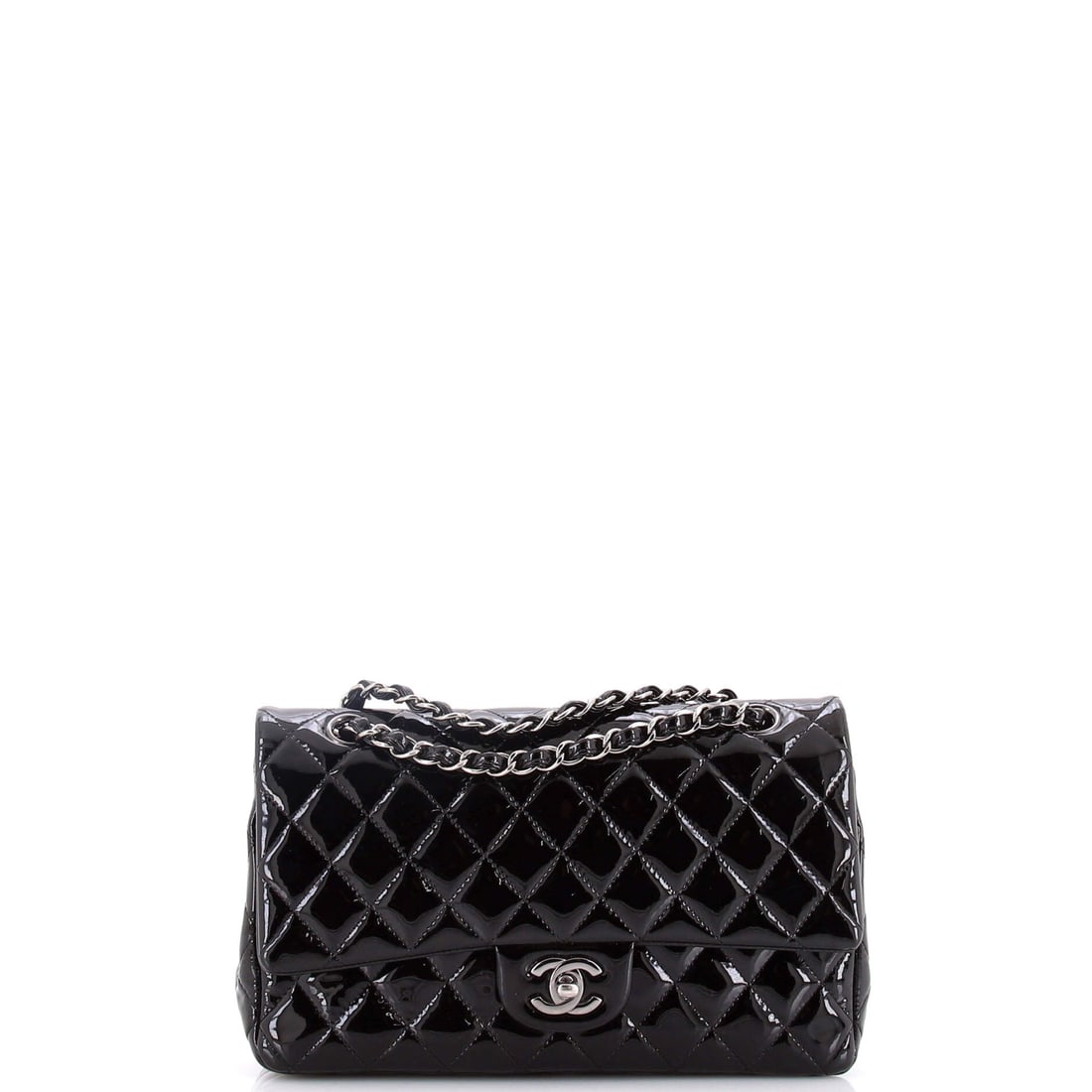 Chanel Classic Double Flap Bag Quilted Patent: Just 9.5 in wide, this is the most compact of the patent double flaps offered, and the 6 in height keeps it neat rather than slight. Three inches of depth is enough for a phone, cardholder and keys wi