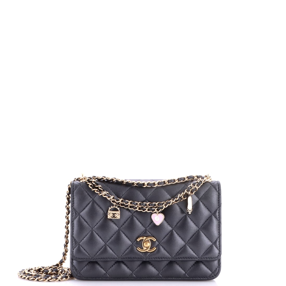 Chanel Flap Bag Charms Strap Wallet on Chain Quilted Lambskin: Charms hung along the strap are the flourish on this wallet-on-chain, swinging against quilted lambskin. At 7.5 inches wide, 5 high and 1.5 deep it is a card-and-phone piece, flat enough to sit across