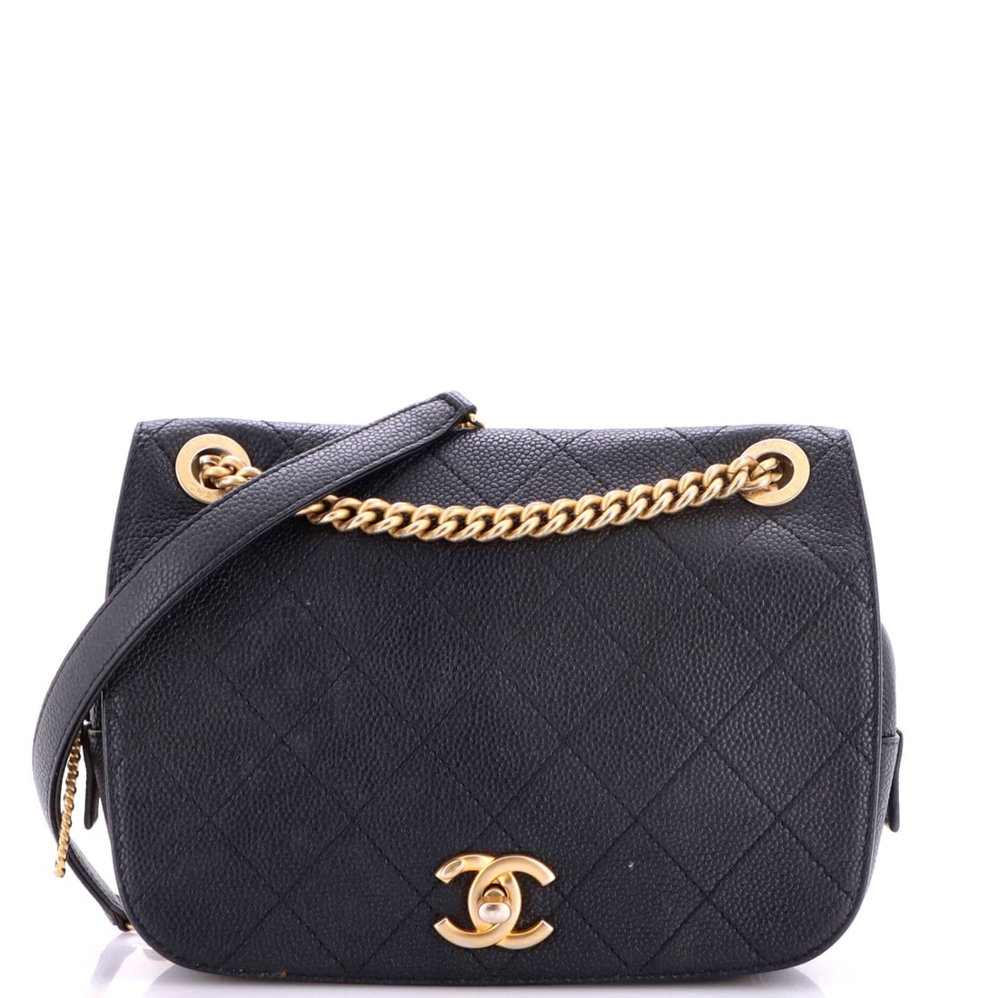 Chanel CC Zipped Full Flap Bag Stitched Caviar: Stitched caviar rather than diamond quilting gives this full flap a flatter, more graphic surface. The 8.5 by 7 inch face with 3.5 inches behind it makes for real capacity, and a zip under the flap se