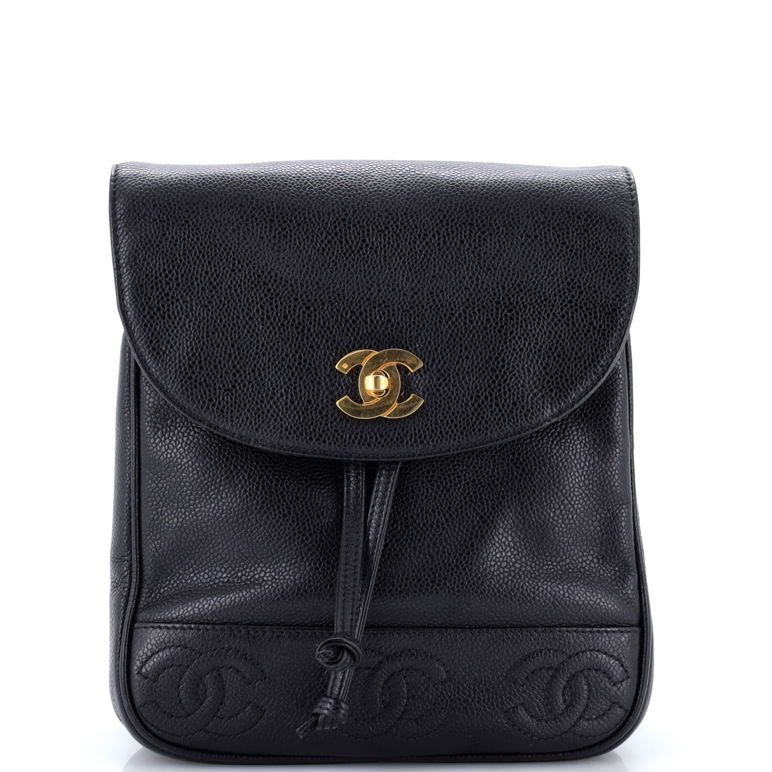 Chanel Vintage Triple Stitched CC Flap Backpack Caviar: At 9.25 in high against 8 in wide, with 3.75 in of depth, this flap backpack puts weight across both shoulders rather than one. The triple-stitched CC on the flap is its identifying detail. Caviar han