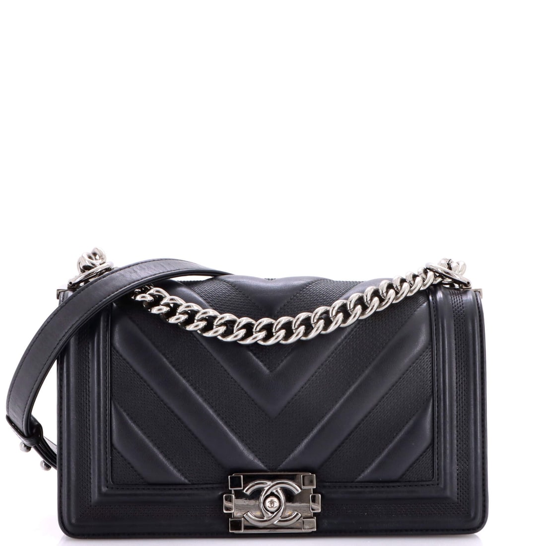 Chanel Boy Flap Bag Perforated Chevron Lambskin: Grade C - Very Good is the call here, which matters less on a bag whose appeal is textural to begin with. Perforated chevron lambskin lets light through the flap and leaves the push-lock as the only h