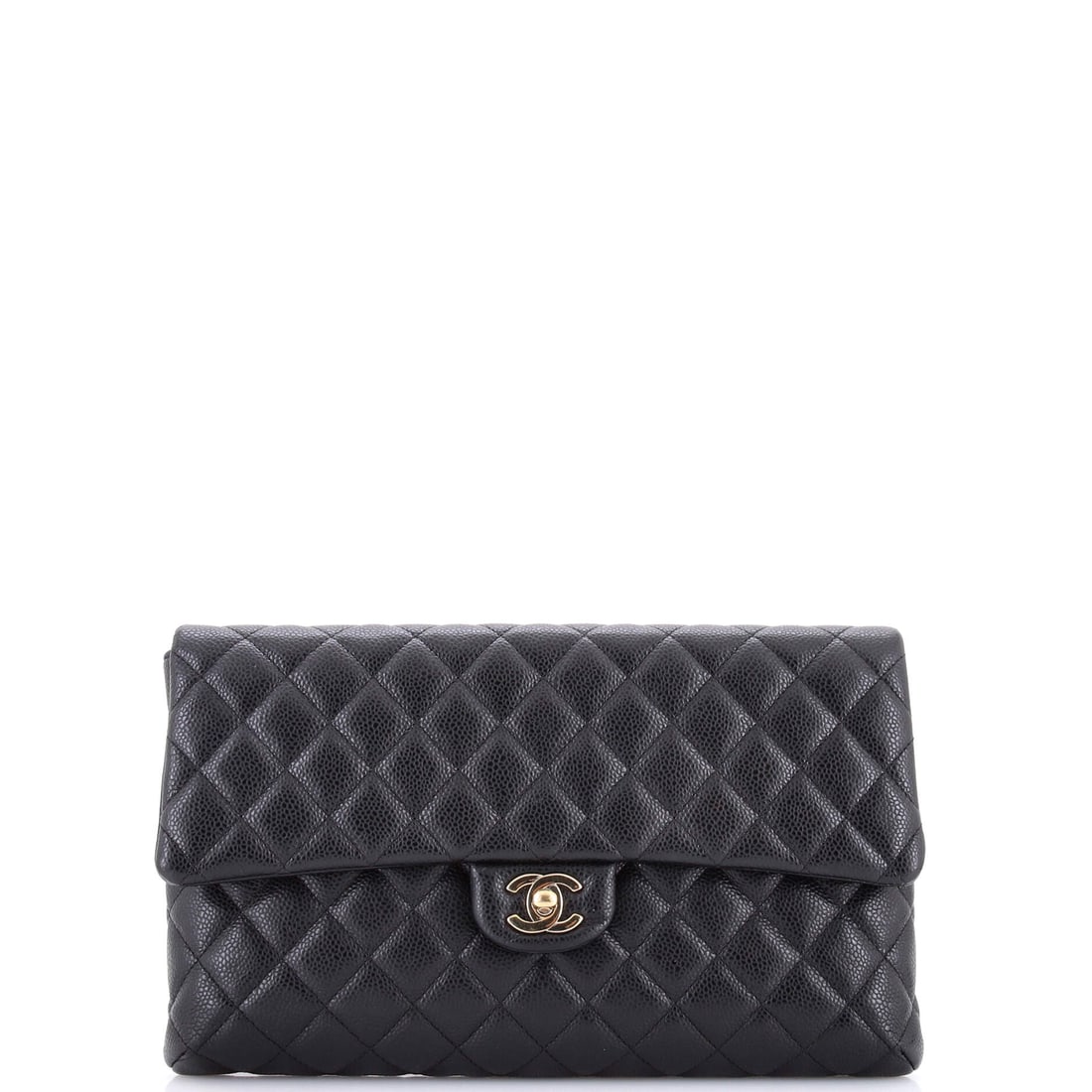 Chanel Classic Flap Clutch Quilted Caviar: Handheld rather than hung, this quilted caviar clutch runs 11.5 in wide by 7 in high with a 2 in depth that keeps it genuinely flat. The flap and quilt read as pure Chanel, but without a chain the bag