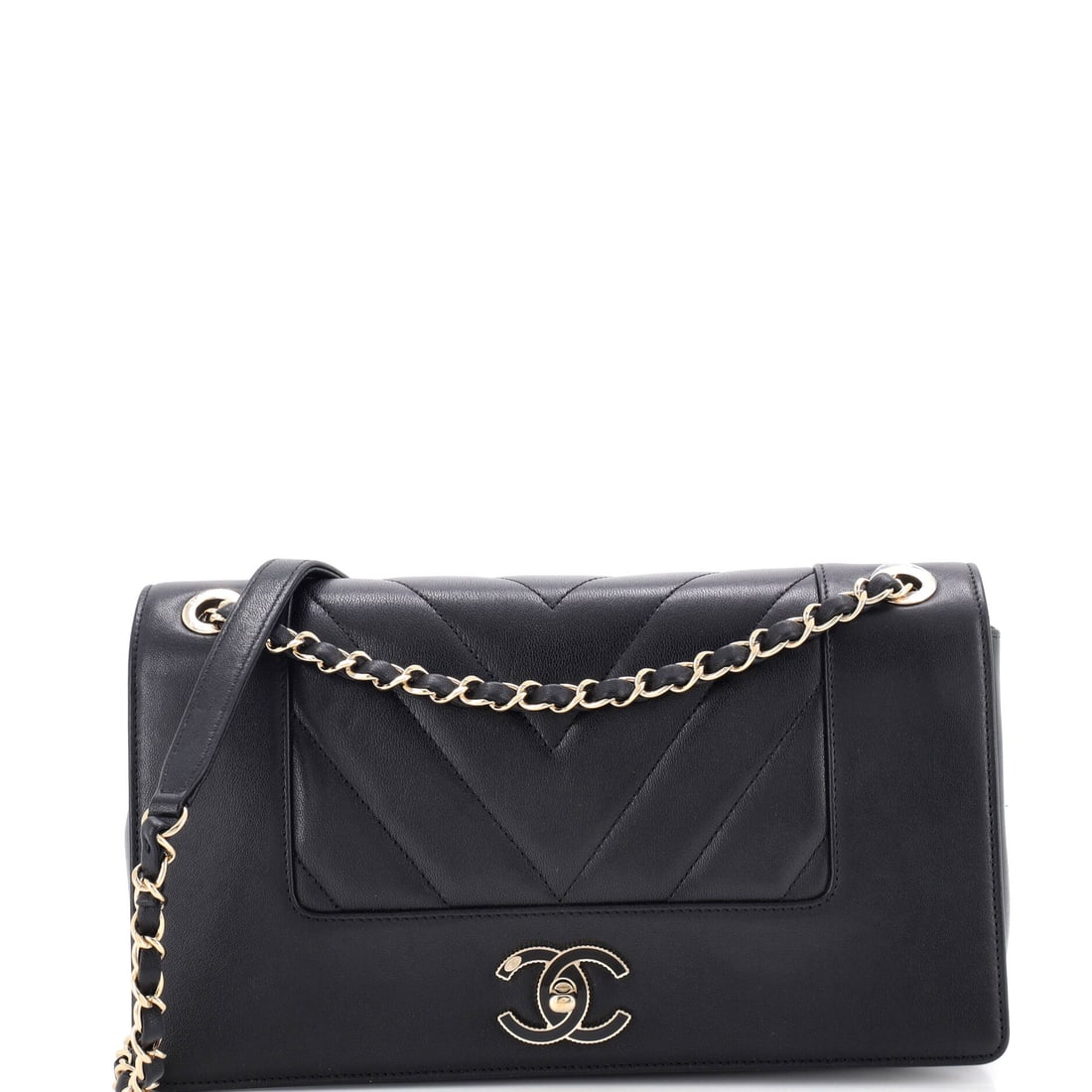 Chanel Mademoiselle Vintage Flap Bag Chevron Sheepskin: At 11.5 inches wide this is a large Mademoiselle, and the chevron running across that width is the first thing you notice. Six inches of height on a 2.5 inch base keeps it flat despite the footprint, 